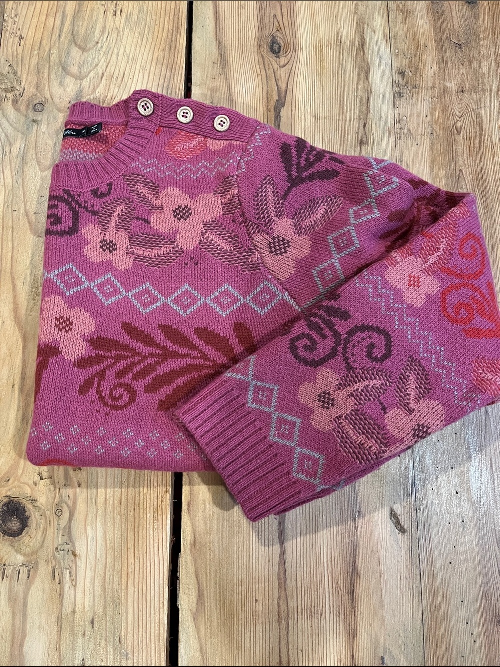 GUDRUN SJODEN M Pink Floral Fisherman's Crew Neck Sweater 100% Wool